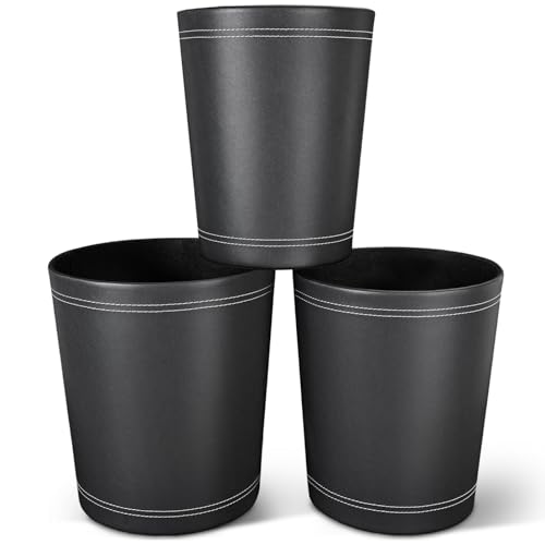 3 Pack Black Round PU Leather Wastebaskets for Home Office