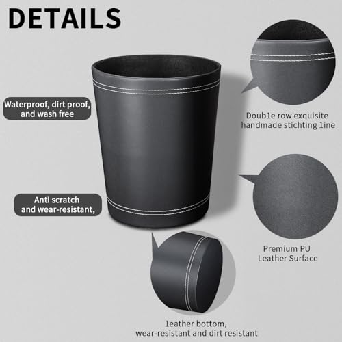 3 Pack Black Round PU Leather Wastebaskets for Home Office