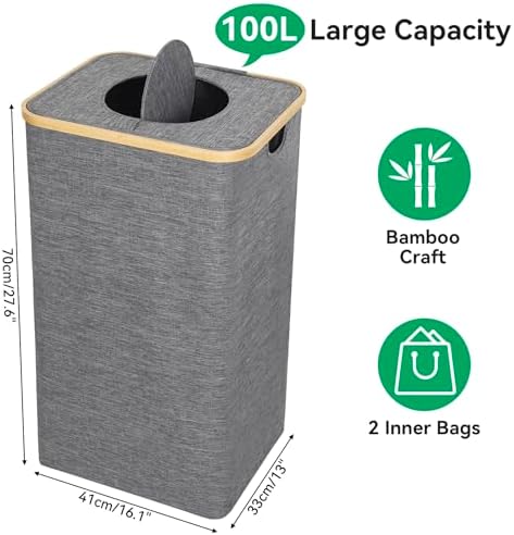 Chrislley 100L Laundry Basket with Foldable Lid and Bamboo Handle