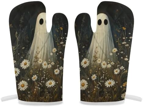Halloween Ghost Print Oven Mitts 2 Pcs - Gothic Heat Resistant