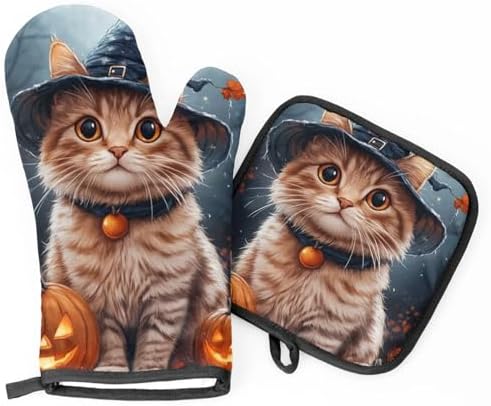 Aglebo Halloween Cute Cat Oven Mitts and Pot Holders Set of 2 1