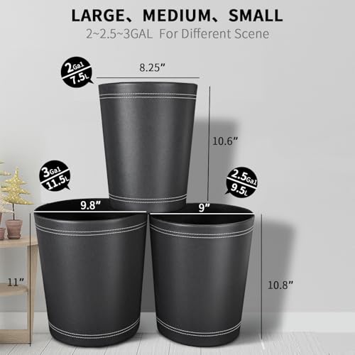 3 Pack Black Round PU Leather Wastebaskets for Home Office