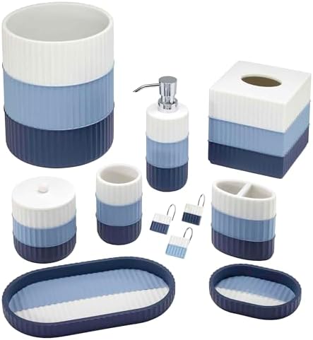 IZOD Wastebasket Resin Bathroom Decor Striped Blue