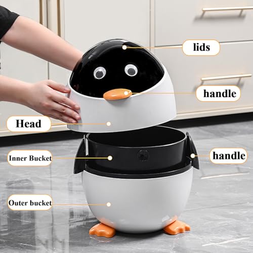 Cute Penguin Plastic Trash Can with Lid for Home Office Kitchen
