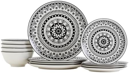 12 Piece Black Pad Print Dinnerware Set 1