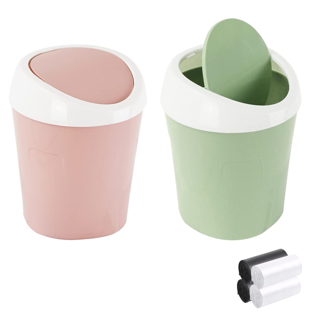 2 Pcs Plastic Mini Wastebasket with 120 Trash Bags Green Pink 1
