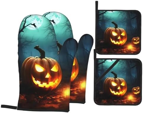 Happy Halloween Pumpkins Oven Mitts 4-Piece Set