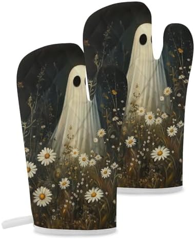 Halloween Ghost Print Oven Mitts 2 Pcs - Gothic Heat Resistant