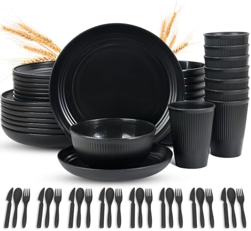 LAERJIN 56 Piece Wheat Straw Dinnerware Set Unbreakable Eco-Friendly Black
