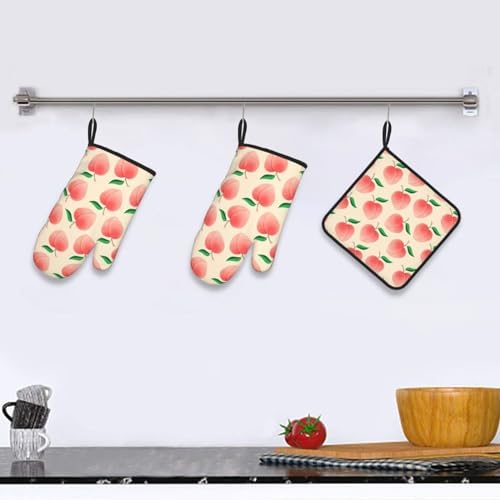 Peach Oven Mitts Set 3 Piece Non-Slip Heat Resistant Gloves