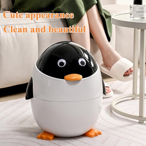 Cute Penguin Plastic Trash Can with Lid for Home Office Kitchen