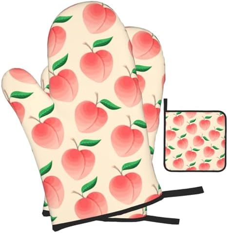 Peach Oven Mitts Set 3 Piece Non-Slip Heat Resistant Gloves