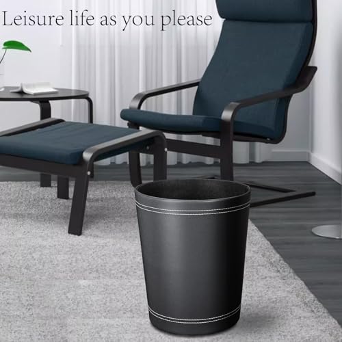 3 Pack Black Round PU Leather Wastebaskets for Home Office