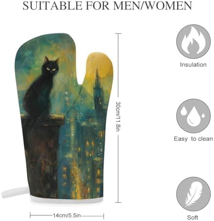 Black Cat Oven Mitts 2 Pcs Halloween Non-Slip Heat Resistant Baking Gloves