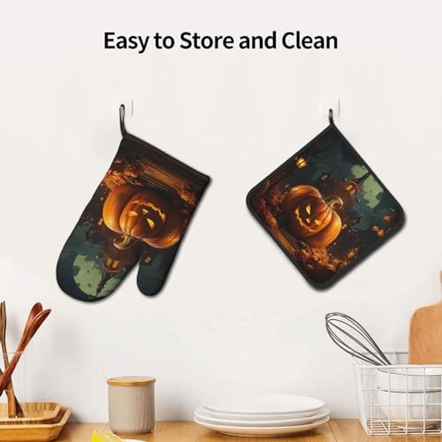 Pumpkin Halloween Oven Mitts 2 Pcs Set Heat Resistant Kitchen Gloves