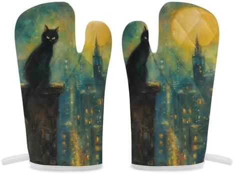 Black Cat Oven Mitts 2 Pcs Halloween Non-Slip Heat Resistant Baking Gloves