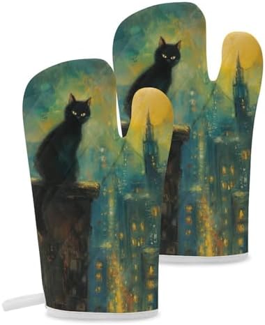 Black Cat Oven Mitts 2 Pcs Halloween Non-Slip Heat Resistant Baking Gloves