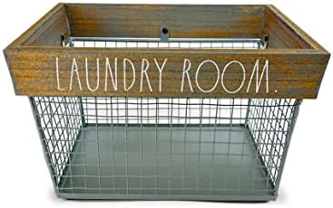 Rae Dunn Wire Laundry Basket Metal and Grey Wood