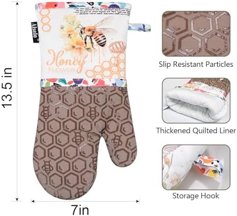 Alselo Oven Mitts Set of 2 with Soft Cotton Lining Khaki Bee Design