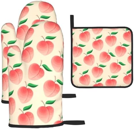 Peach Oven Mitts Set 3 Piece Non-Slip Heat Resistant Gloves