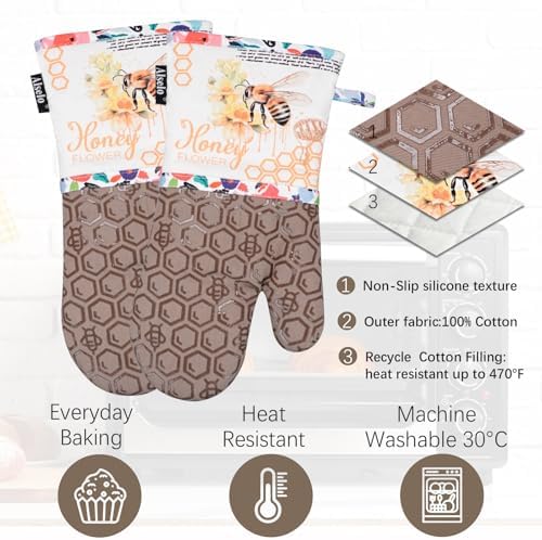 Alselo Oven Mitts Set of 2 with Soft Cotton Lining Khaki Bee Design