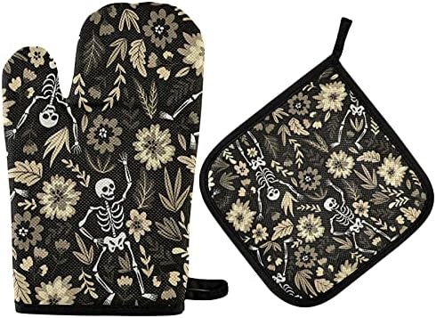 Poeticcity Halloween Sugar Skull Oven Mitts Set Heat Resistant Kitchen Gloves and Potholders