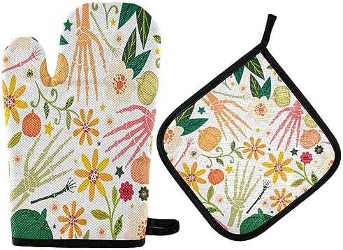 QUGRL Halloween Bones Oven Mitts Pot Holders Set