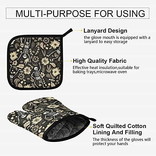 Poeticcity Halloween Sugar Skull Oven Mitts Set Heat Resistant Kitchen Gloves and Potholders