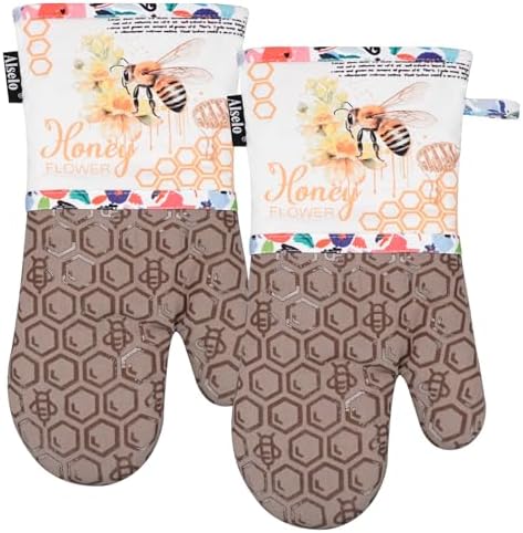 Alselo Oven Mitts Set of 2 with Soft Cotton Lining Khaki Bee Design