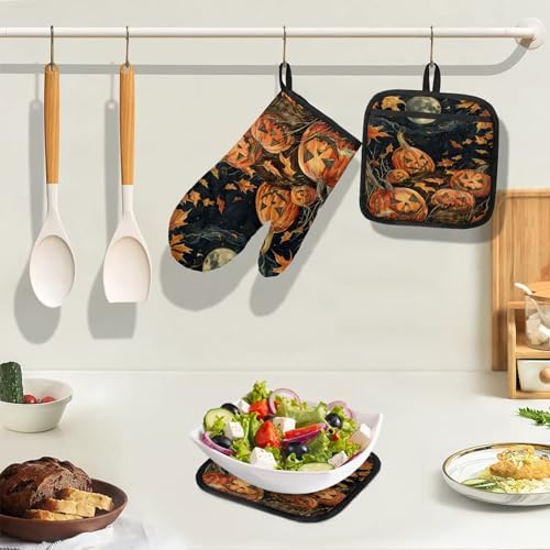 TropicalLife Halloween Pumpkin Oven Mitts 4Pcs Set