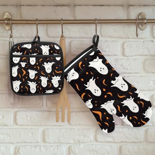 Aglebo Halloween Ghosts Oven Mitts and Pot Holder Set