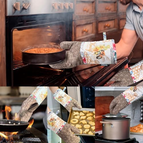 Alselo Oven Mitts Set of 2 with Soft Cotton Lining Khaki Bee Design