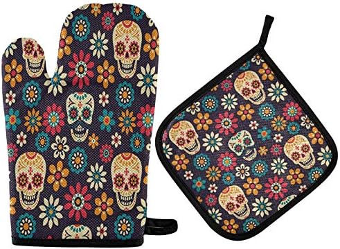 AUUXVA Halloween Sugar Skull Oven Mitts Set