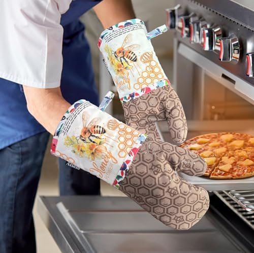 Alselo Oven Mitts Set of 2 with Soft Cotton Lining Khaki Bee Design