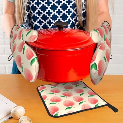 Peach Oven Mitts Set 3 Piece Non-Slip Heat Resistant Gloves