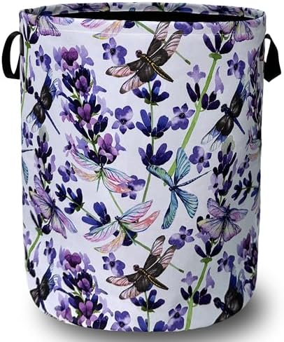 Dragonfly Foldable Laundry Basket with Handles Purple Floral Tote