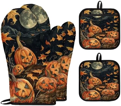 TropicalLife Halloween Pumpkin Oven Mitts 4Pcs Set