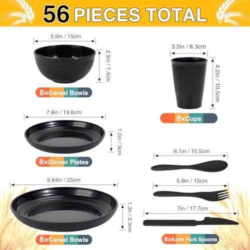 LAERJIN 56 Piece Wheat Straw Dinnerware Set Unbreakable Eco-Friendly Black