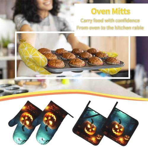 Happy Halloween Pumpkins Oven Mitts 4-Piece Set