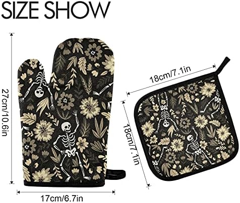 Poeticcity Halloween Sugar Skull Oven Mitts Set Heat Resistant Kitchen Gloves and Potholders