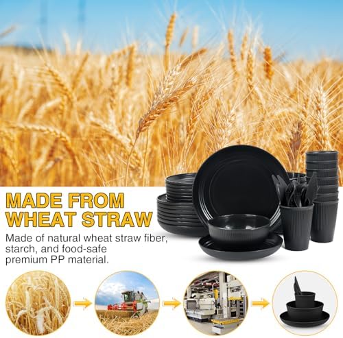 LAERJIN 56 Piece Wheat Straw Dinnerware Set Unbreakable Eco-Friendly Black