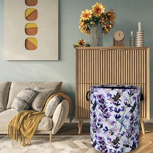 Dragonfly Foldable Laundry Basket with Handles Purple Floral Tote