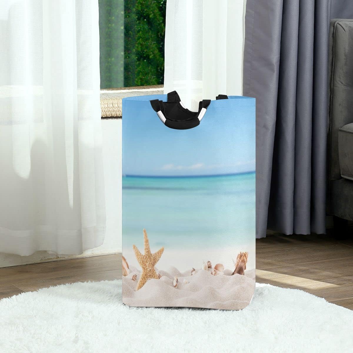 Exnundod Summer Starfish Laundry Hamper with Handle 1