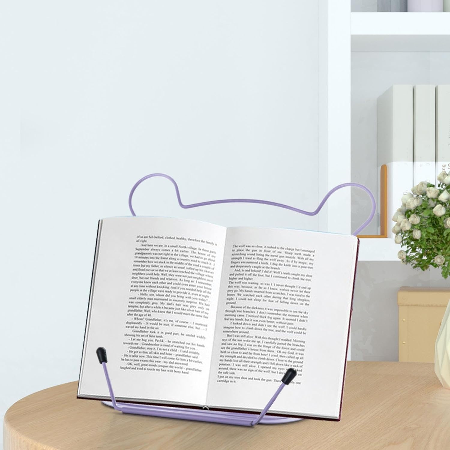 Elegant Metal Book Display Stand in Purple