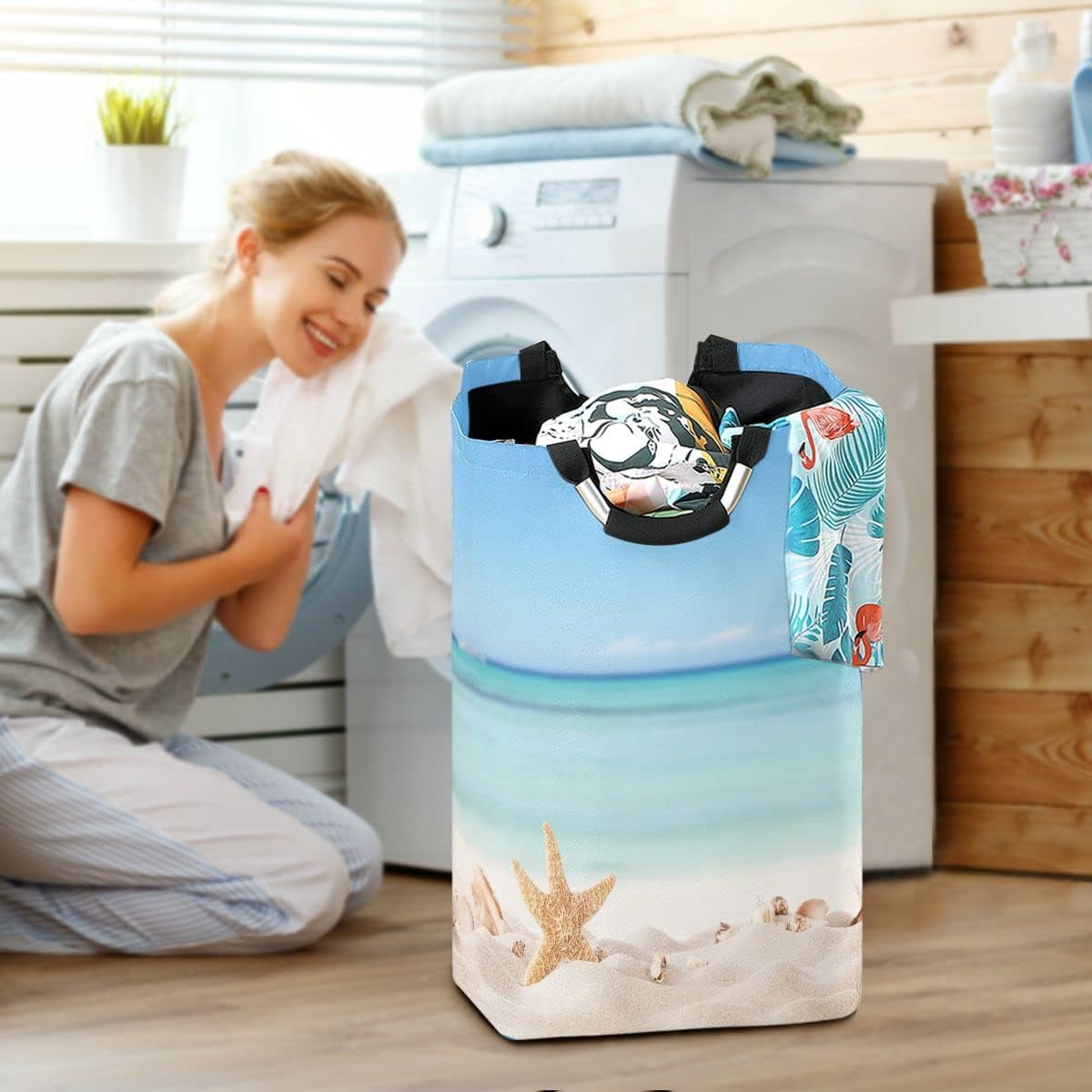 Exnundod Summer Starfish Laundry Hamper with Handle 1