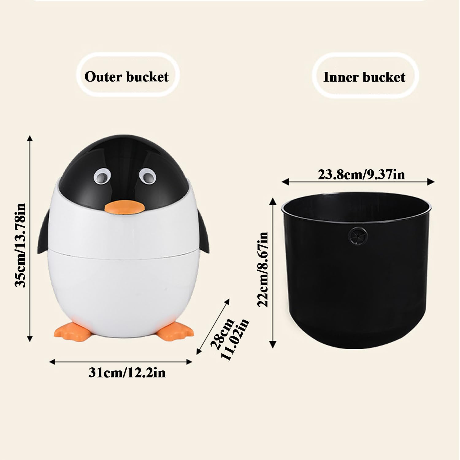 Cute Penguin Plastic Trash Can with Lid for Home Office Kitchen