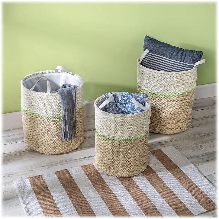 Honey-Can-Do 3-Piece Nesting Straw Baskets with Handles - GreenBeige