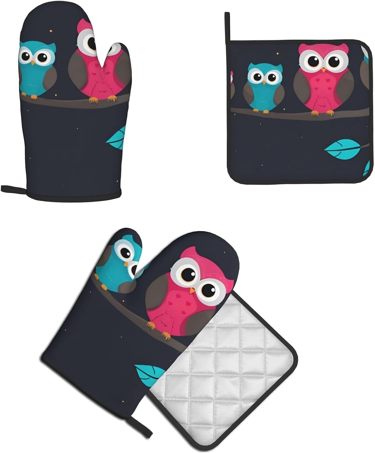 Quopvn Cute Owls Oven Mitts and Pot Holders 2pcs Set