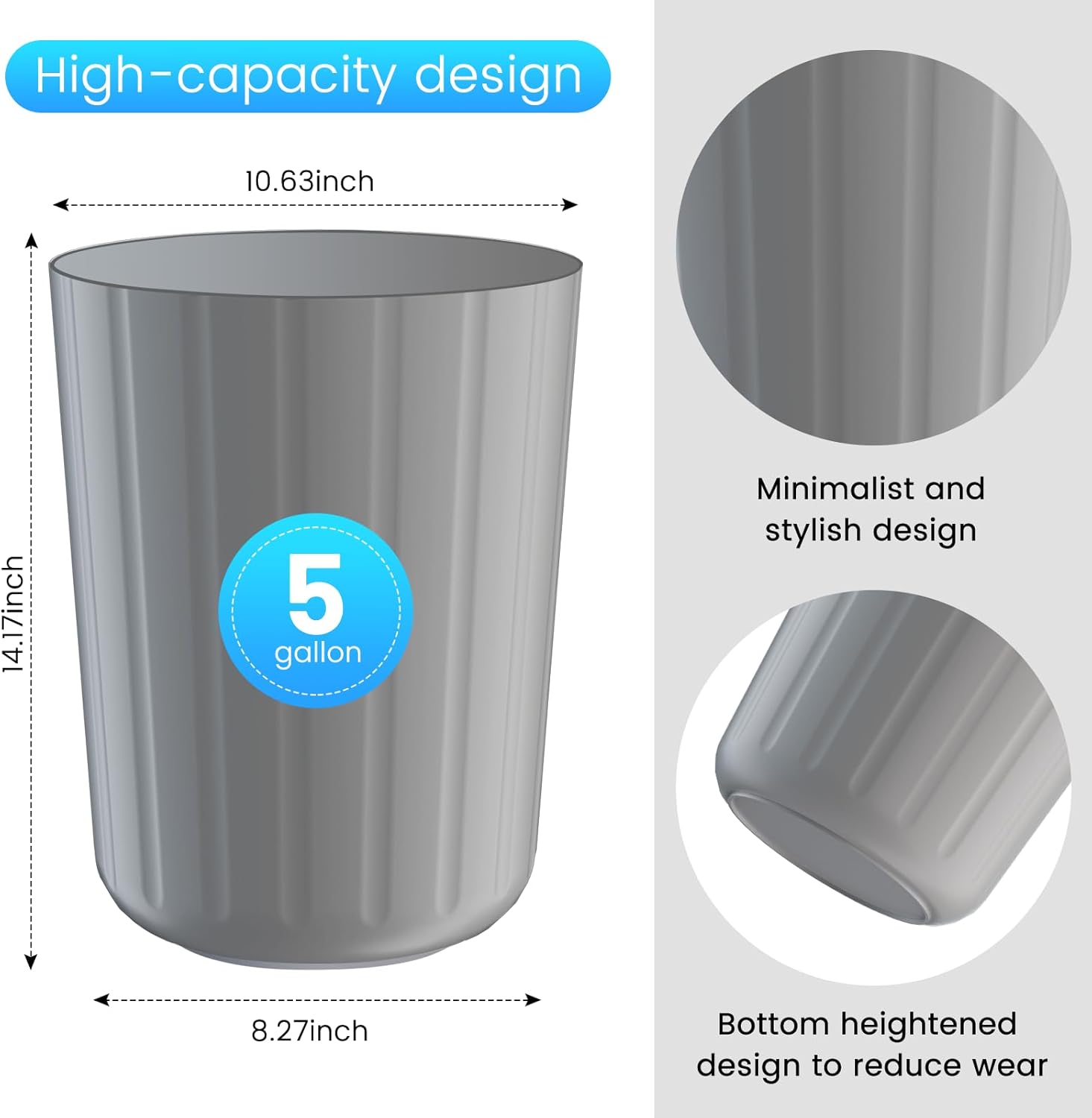 2Pack 5 Gallon Grey Plastic Trash Can Durable and Easy to Clean