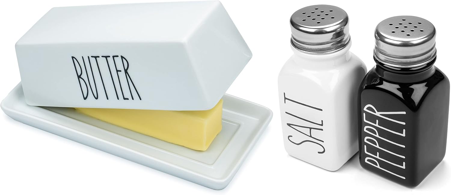 Heartland Home Porcelain Butter Dish with Salt and Pepper Shakers Set 1